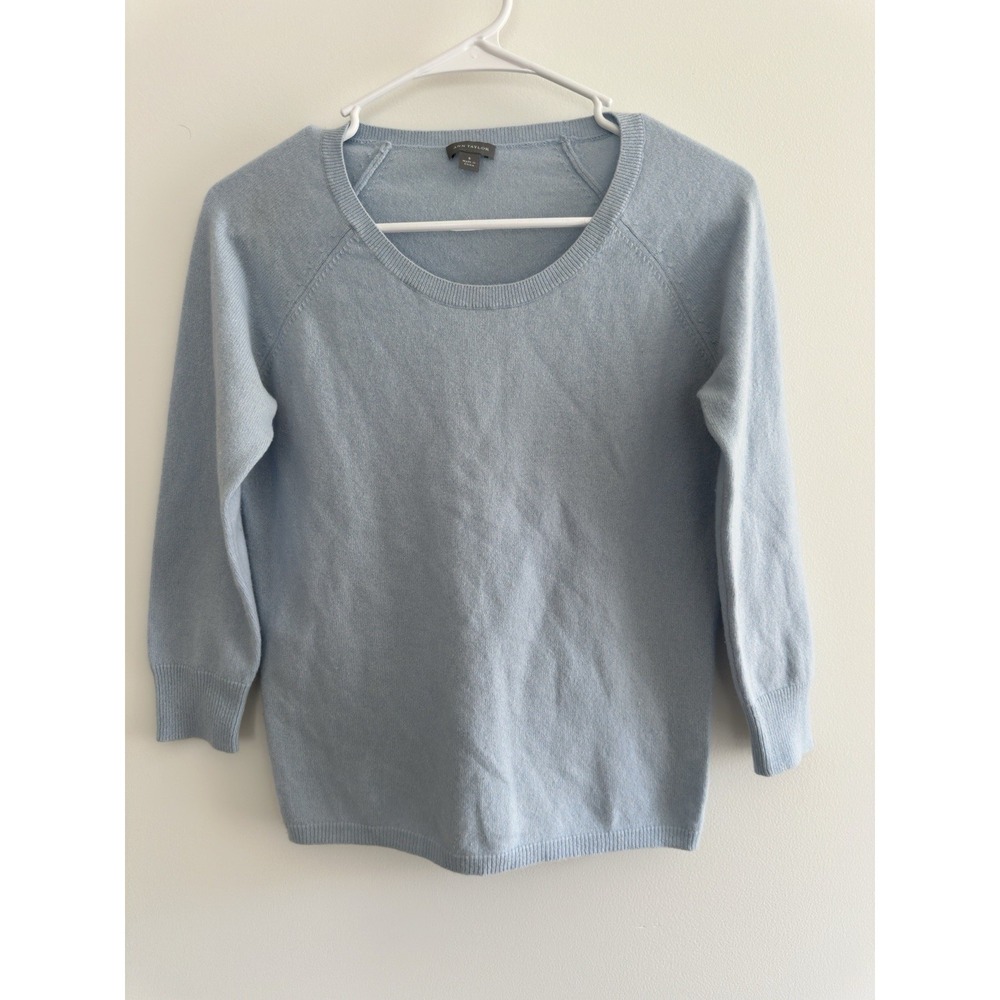 Ann Taylor 100% Cashmere Sweater Soft Blue Raglan Sleeve Women's S 3/4 Sleeve A1